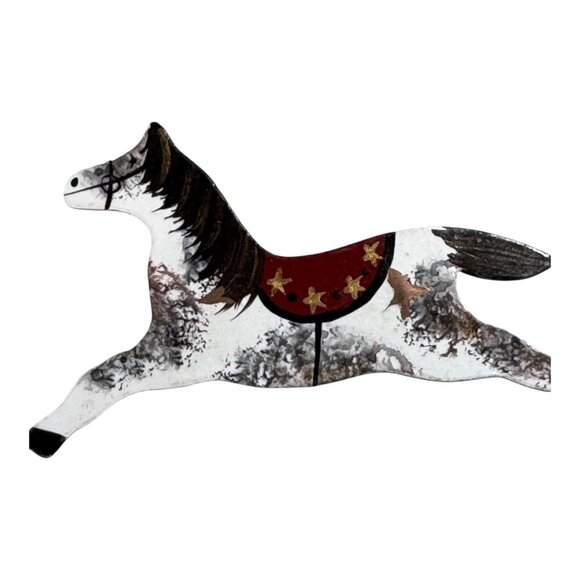 Vintage Enamel on Copper Horse Brooch Red Saddle & Gold Star Accents Signed - Picture 2 of 6